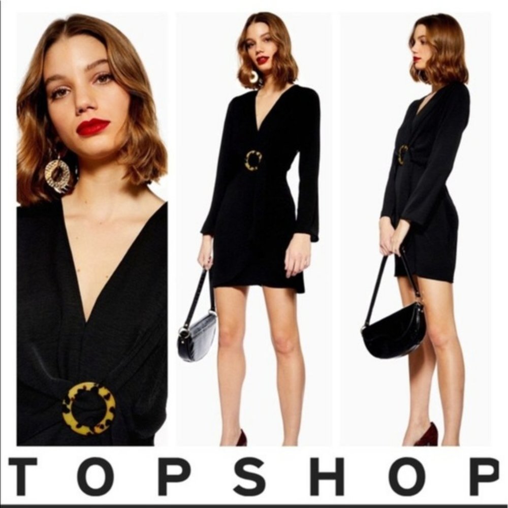 Topshop Black Long Sleeve Faux Wrap Tortoise Ring Mini Dress 4